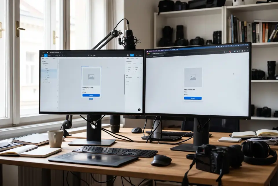 Komponenty kreslíme ve Figmě a stavíme v kódu ve stejné partě, takže hotový web vypadá jako návrh.